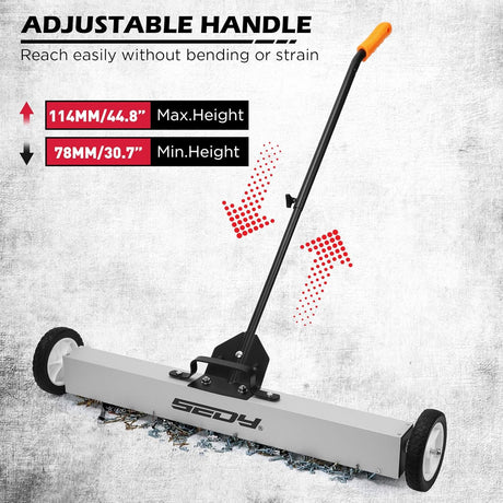 36-inch rolling magnetic sweeper kit with 40-inch telescoping magnetic pickup tool and trays, 55 lb capacity for nails, screws, and metal debris cleanup in garages, workshops, and lawns.