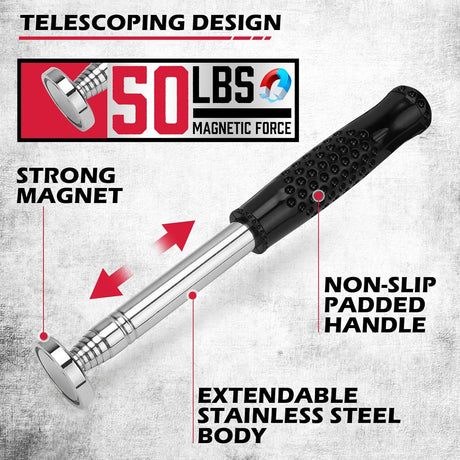 36-inch rolling magnetic sweeper kit with 40-inch telescoping magnetic pickup tool and trays, 55 lb capacity for nails, screws, and metal debris cleanup in garages, workshops, and lawns.