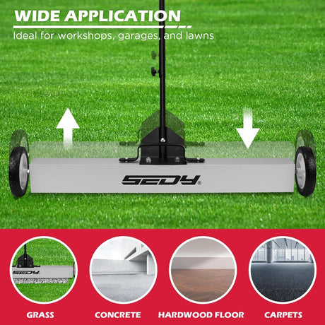36-inch rolling magnetic sweeper kit with 40-inch telescoping magnetic pickup tool and trays, 55 lb capacity for nails, screws, and metal debris cleanup in garages, workshops, and lawns.