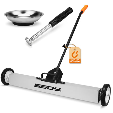 36-inch rolling magnetic sweeper kit with 40-inch telescoping magnetic pickup tool and trays, 55 lb capacity for nails, screws, and metal debris cleanup in garages, workshops, and lawns.