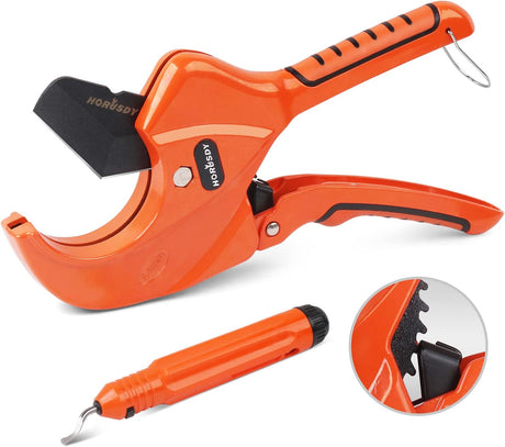 HORUSDY heavy-duty 64mm PVC pipe cutter with Teflon-coated SK5 blade and deburring tool for plumbing, PE, PPR, and rubber tubing
