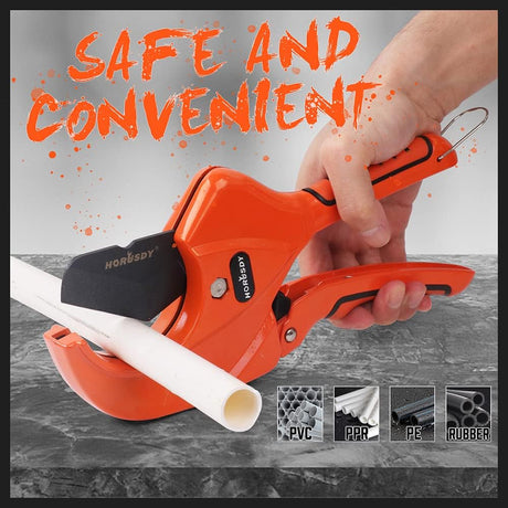 HORUSDY heavy-duty 64mm PVC pipe cutter with Teflon-coated SK5 blade and deburring tool for plumbing, PE, PPR, and rubber tubing
