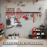 Wall-mounted tool organizer system with adjustable and fixed hooks for garage and garden tool storage
