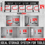 Wall-mounted tool organizer system with adjustable and fixed hooks for garage and garden tool storage
