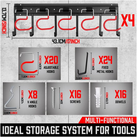 Wall-mounted tool organizer system with adjustable and fixed hooks for garage and garden tool storage