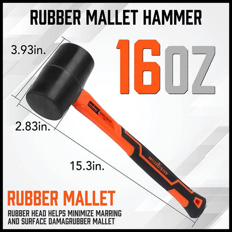 HORUSDY 16oz rubber mallet with fiberglass handle and non-slip grip, ideal for flooring, woodworking, and DIY applications