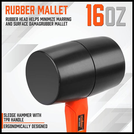 HORUSDY 16oz rubber mallet with fiberglass handle and non-slip grip, ideal for flooring, woodworking, and DIY applications