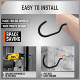 Black screw-in utility wall hooks for bike and garage storage, heavy-duty wide mouth design with non-slip coating