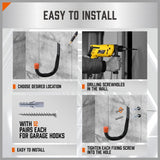 6-pack heavy duty black wall mount utility hooks with orange rubber tips for garage tool, ladder, hose, and shovel storage organization
