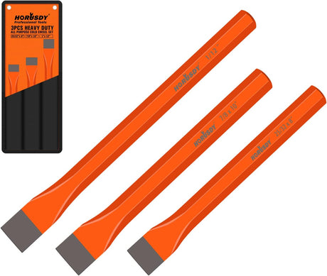 HORUSDY 3-piece cold chisel set with CR-V steel, heat-treated flat heads, and orange octagonal handles in roll-up pouch.