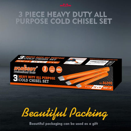 HORUSDY 3-piece cold chisel set with CR-V steel, heat-treated flat heads, and orange octagonal handles in roll-up pouch.