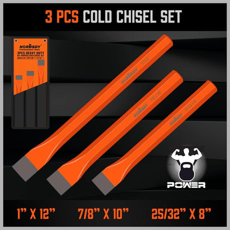 HORUSDY 3-piece cold chisel set with CR-V steel, heat-treated flat heads, and orange octagonal handles in roll-up pouch.