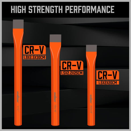 HORUSDY 3-piece cold chisel set with CR-V steel, heat-treated flat heads, and orange octagonal handles in roll-up pouch.