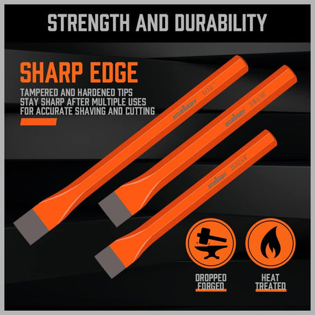 HORUSDY 3-piece cold chisel set with CR-V steel, heat-treated flat heads, and orange octagonal handles in roll-up pouch.