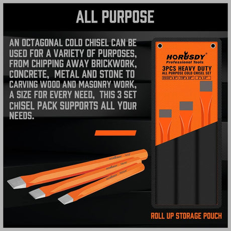 HORUSDY 3-piece cold chisel set with CR-V steel, heat-treated flat heads, and orange octagonal handles in roll-up pouch.