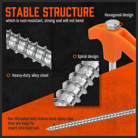 HORUSDY heavy-duty tent stakes with T-handle, spiral design, drill bit and ropes for secure outdoor anchoring
