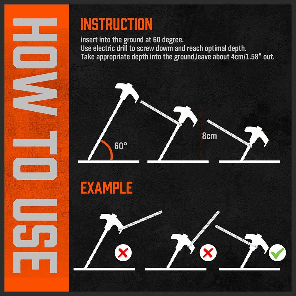 HORUSDY heavy-duty tent stakes with T-handle, spiral design, drill bit and ropes for secure outdoor anchoring