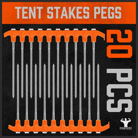 HORUSDY 26-piece tent stakes set with alloy steel spiral pegs, T-handle, drill bit, and ropes for secure outdoor anchoring
