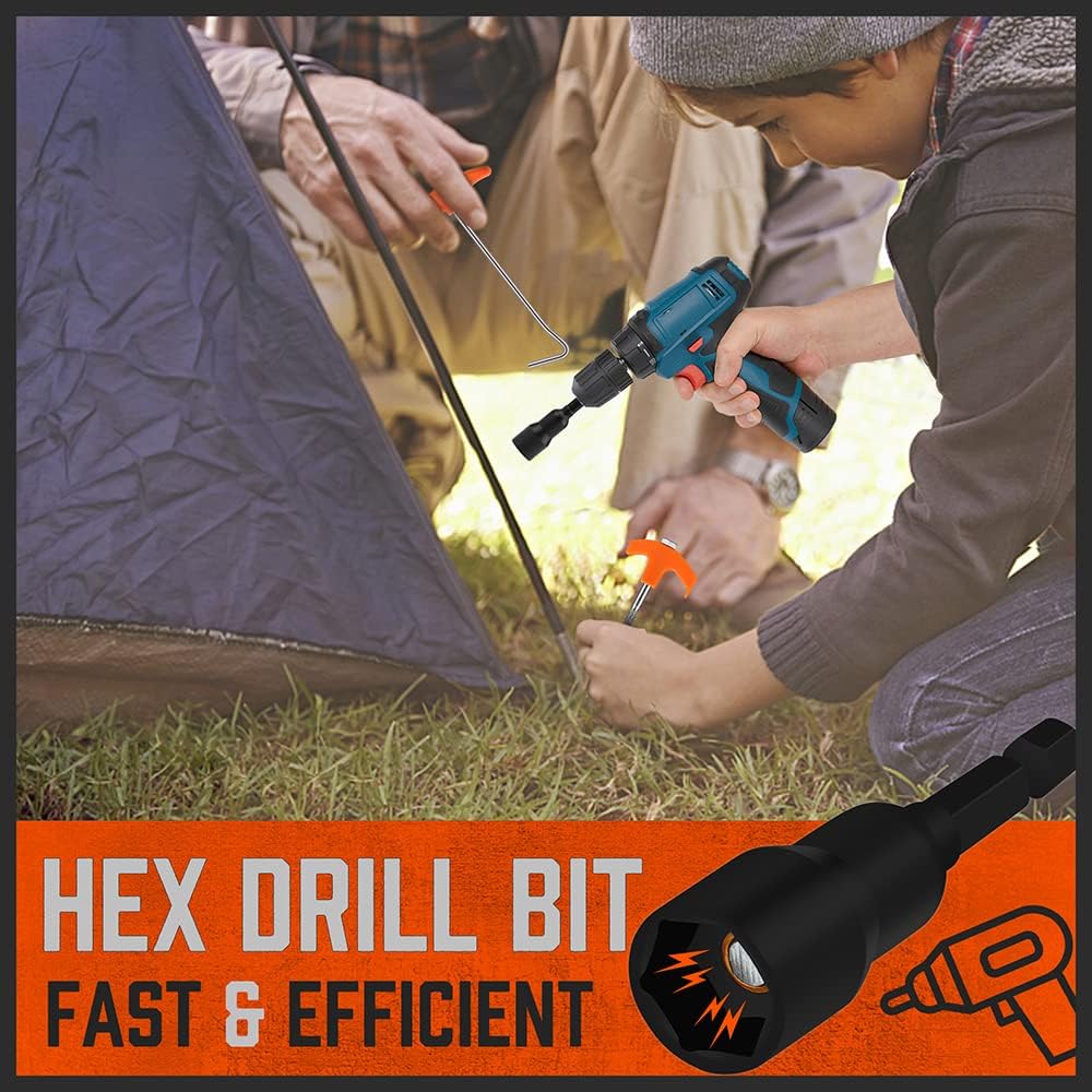 HORUSDY 26-piece tent stakes set with alloy steel spiral pegs, T-handle, drill bit, and ropes for secure outdoor anchoring