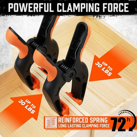 HORUSDY 7-inch heavy duty spring clamps with flexible rotating jaw pads, strong grip force, and ergonomic handles for woodworking and photography use