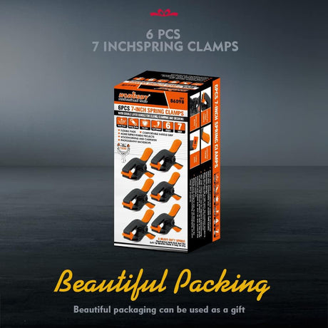 Heavy duty 7-inch spring clamps with orange and black ergonomic handle and flexible jaw pads for woodworking and photography