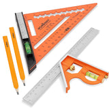 HORUSDY 2-piece square set with 7-inch rafter square and 12-inch combination square, includes spirit levels, stainless steel ruler, and marking pencils