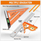 HORUSDY 2-piece square set with 7-inch rafter square and 12-inch combination square, includes spirit levels, stainless steel ruler, and marking pencils