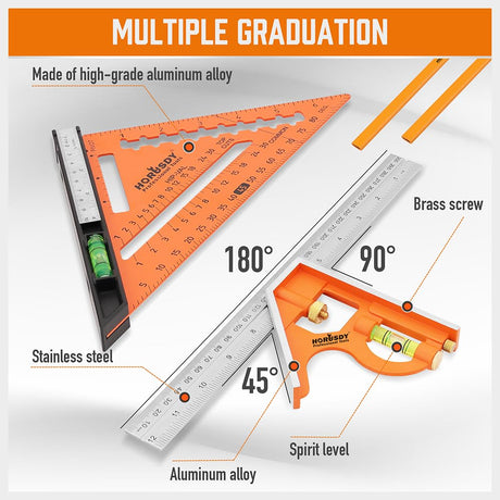 HORUSDY 2-piece square set with 7-inch rafter square and 12-inch combination square, includes spirit levels, stainless steel ruler, and marking pencils