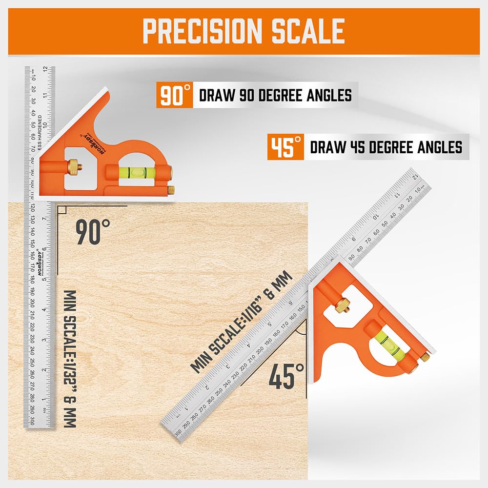 HORUSDY 2-piece square set with 7-inch rafter square and 12-inch combination square, includes spirit levels, stainless steel ruler, and marking pencils
