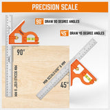 HORUSDY 2-piece square set with 7-inch rafter square and 12-inch combination square, includes spirit levels, stainless steel ruler, and marking pencils