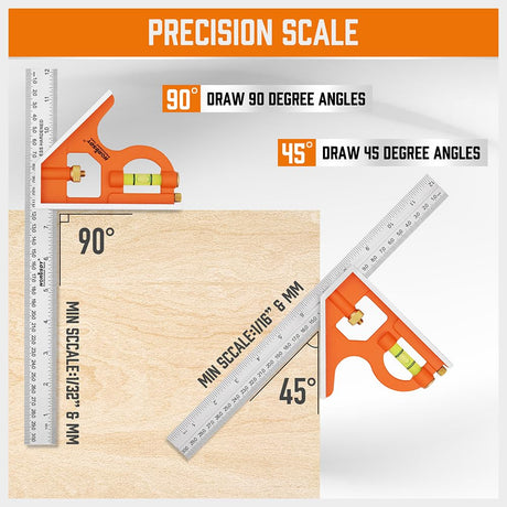 HORUSDY 2-piece square set with 7-inch rafter square and 12-inch combination square, includes spirit levels, stainless steel ruler, and marking pencils