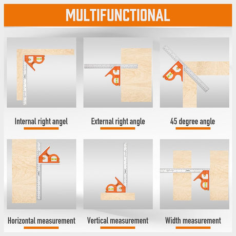 HORUSDY 2-piece square set with 7-inch rafter square and 12-inch combination square, includes spirit levels, stainless steel ruler, and marking pencils
