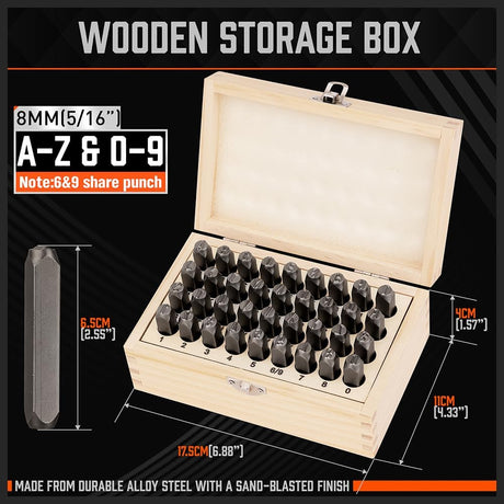HORUSDY 8mm metal letter and number stamp set with durable alloy steel punches and wooden organizer box
