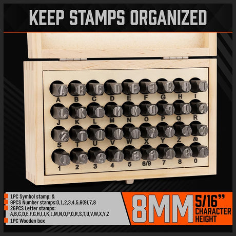 HORUSDY 8mm metal letter and number stamp set with durable alloy steel punches and wooden organizer box