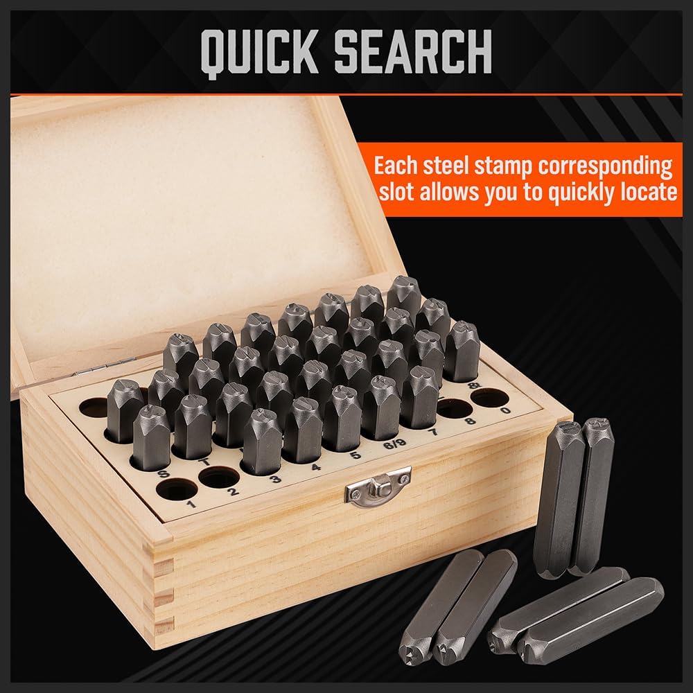 HORUSDY 8mm metal letter and number stamp set with durable alloy steel punches and wooden organizer box