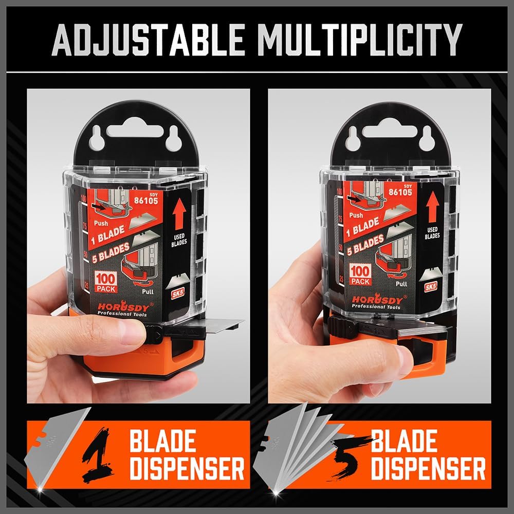 HORUSDY SK5 utility knife blades 100-pack with blade dispenser, razor sharp standard-size replacement blades for cardboard, plastic, foam, and more.