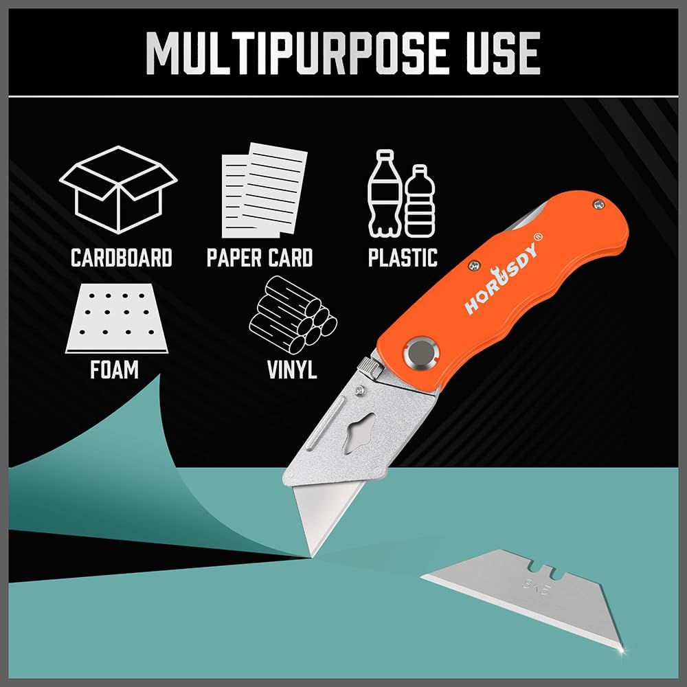 HORUSDY SK5 utility knife blades 100-pack with blade dispenser, razor sharp standard-size replacement blades for cardboard, plastic, foam, and more.