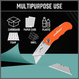 HORUSDY SK5 utility knife blades 100-pack with blade dispenser, razor sharp standard-size replacement blades for cardboard, plastic, foam, and more.