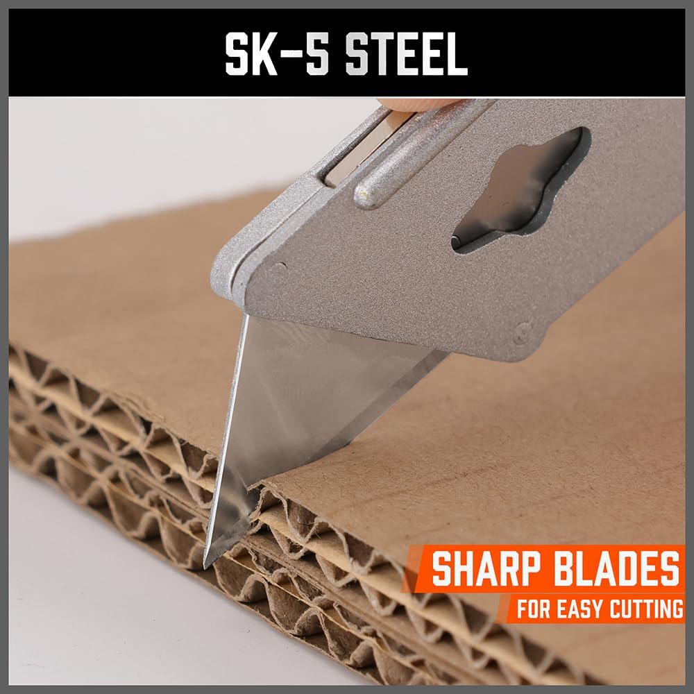 HORUSDY SK5 utility knife blades 100-pack with blade dispenser, razor sharp standard-size replacement blades for cardboard, plastic, foam, and more.