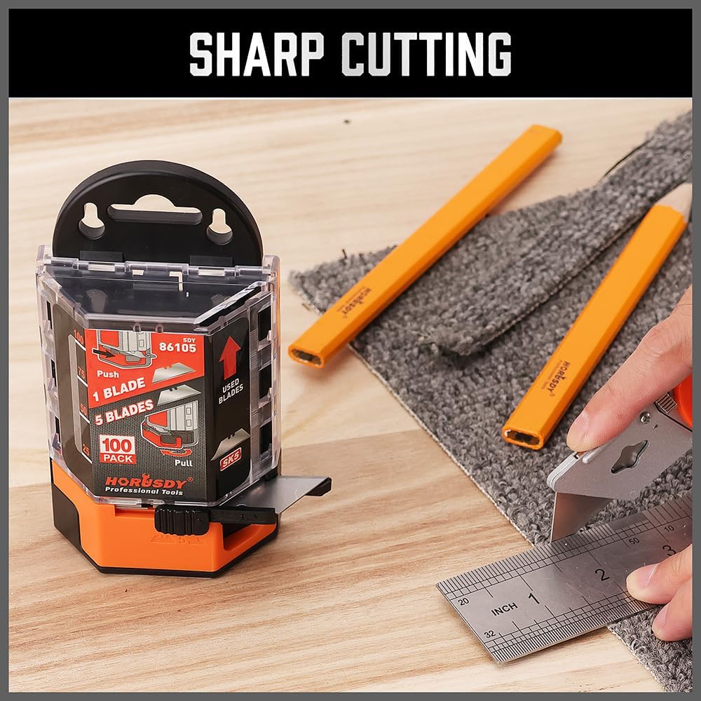 HORUSDY SK5 utility knife blades 100-pack with blade dispenser, razor sharp standard-size replacement blades for cardboard, plastic, foam, and more.