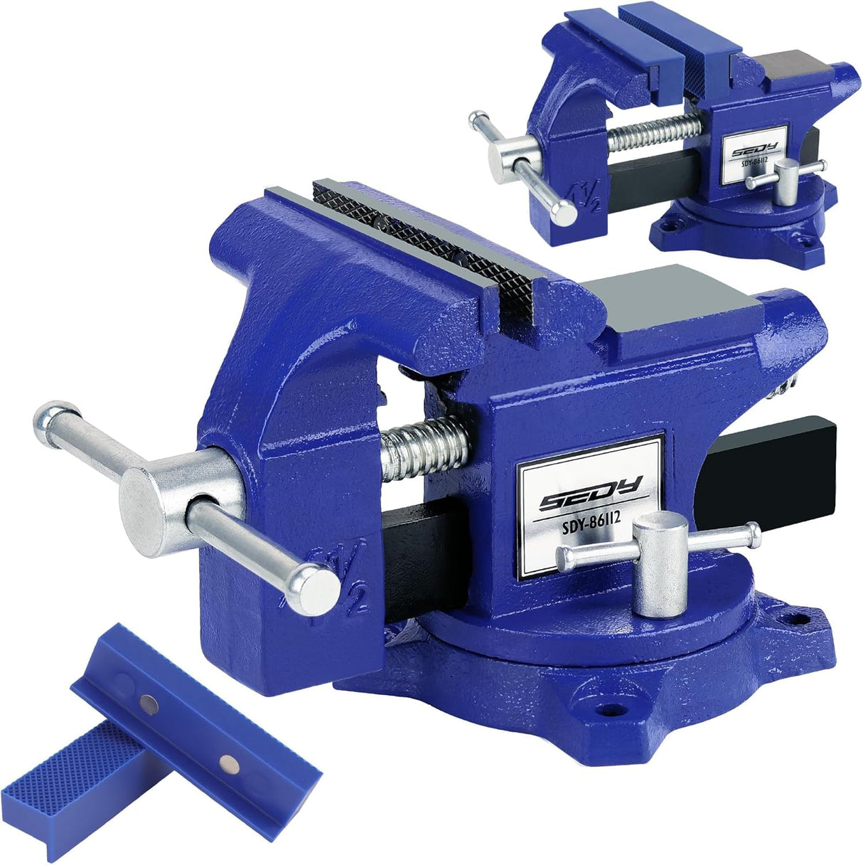 Heavy duty 4.5 inch bench vise with swivel base, magnetic jaw covers, and cast iron body for woodworking and metalworking