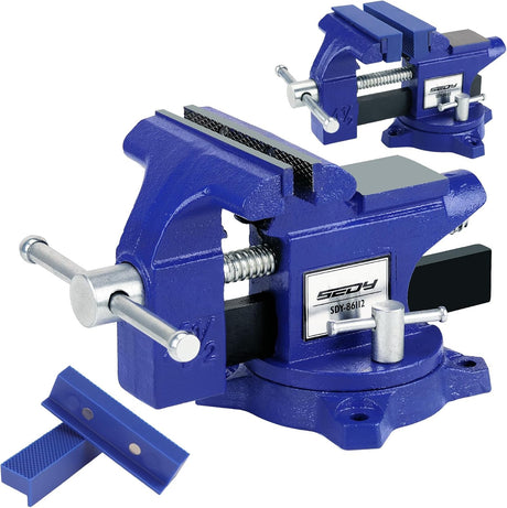 Heavy duty 4.5 inch bench vise with swivel base, magnetic jaw covers, and cast iron body for woodworking and metalworking