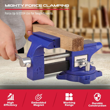 Heavy duty 4.5 inch bench vise with swivel base, magnetic jaw covers, and cast iron body for woodworking and metalworking