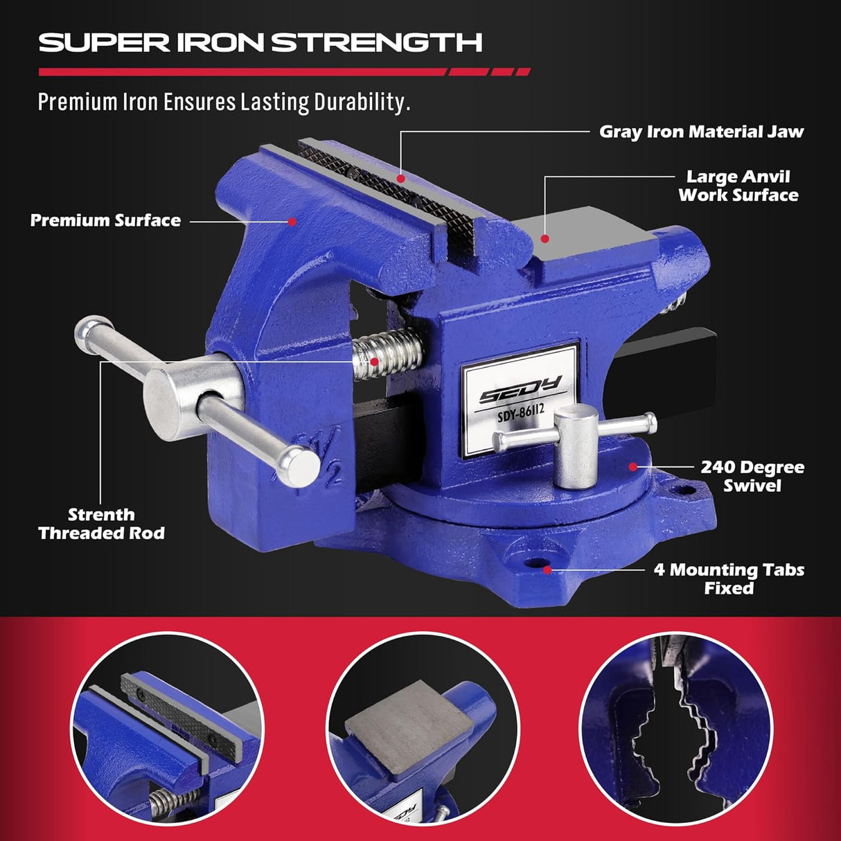 Heavy duty 4.5 inch bench vise with swivel base, magnetic jaw covers, and cast iron body for woodworking and metalworking