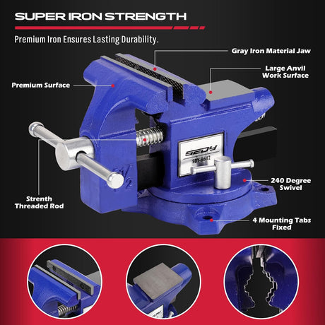 Heavy duty 4.5 inch bench vise with swivel base, magnetic jaw covers, and cast iron body for woodworking and metalworking