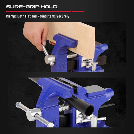 Heavy duty 4.5 inch bench vise with swivel base, magnetic jaw covers, and cast iron body for woodworking and metalworking