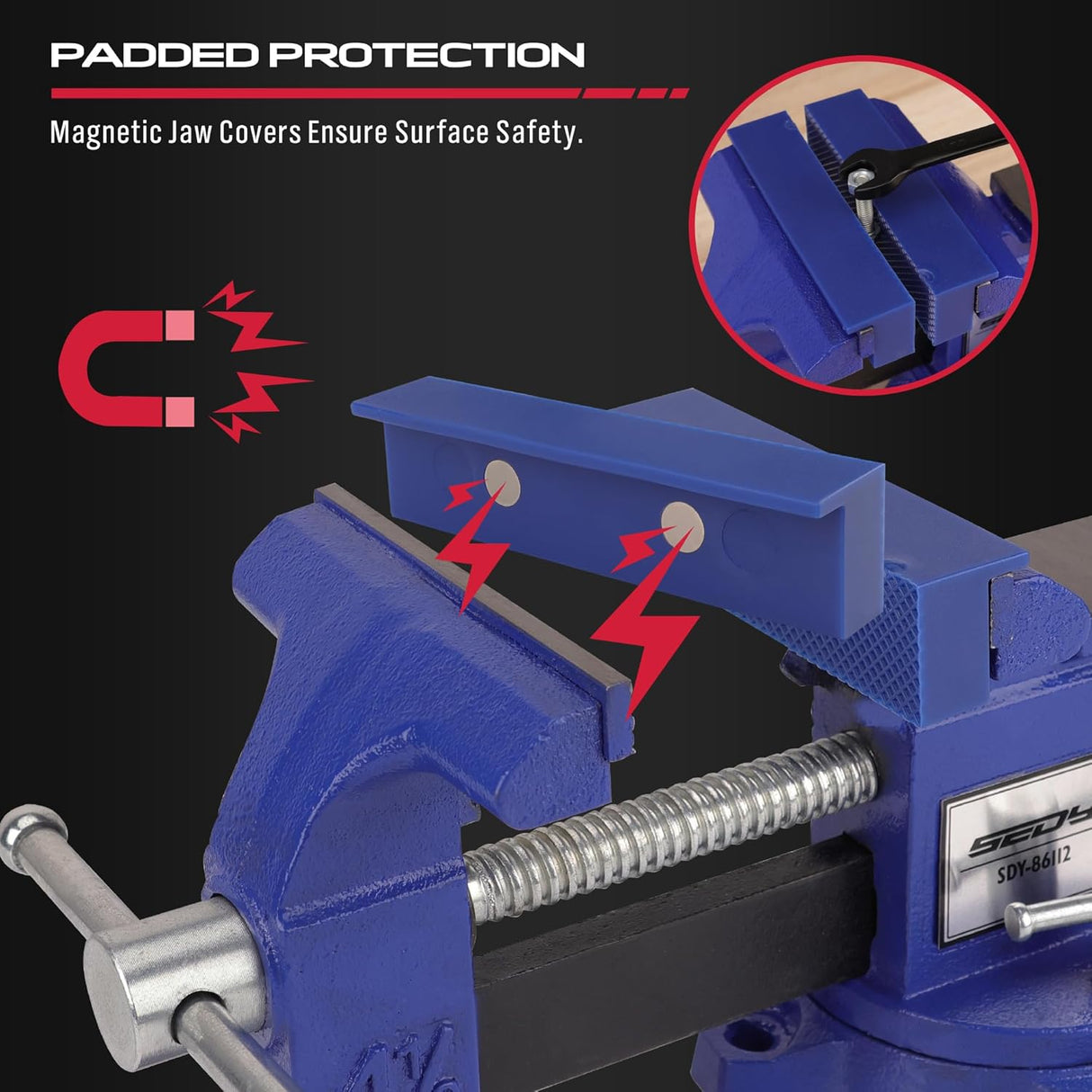 Heavy duty 4.5 inch bench vise with swivel base, magnetic jaw covers, and cast iron body for woodworking and metalworking