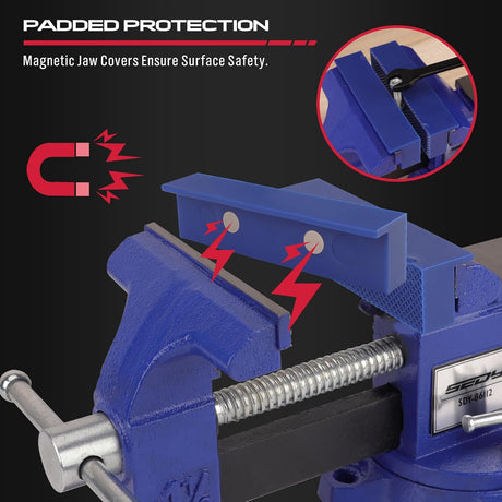 Heavy duty 4.5 inch bench vise with swivel base, magnetic jaw covers, and cast iron body for woodworking and metalworking