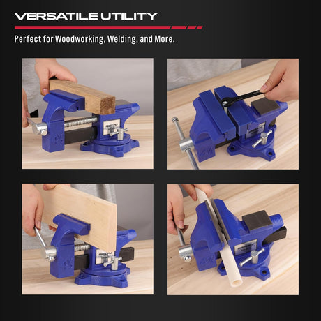 Heavy duty 4.5 inch bench vise with swivel base, magnetic jaw covers, and cast iron body for woodworking and metalworking