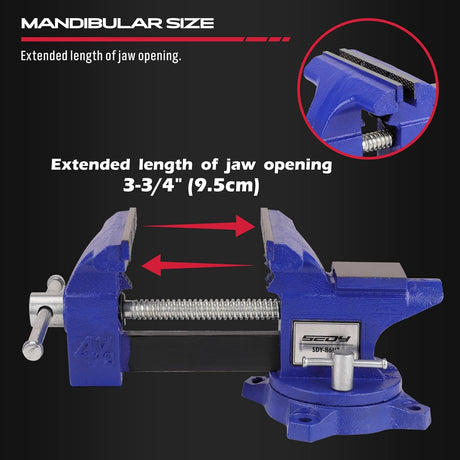 Heavy duty 4.5 inch bench vise with swivel base, magnetic jaw covers, and cast iron body for woodworking and metalworking